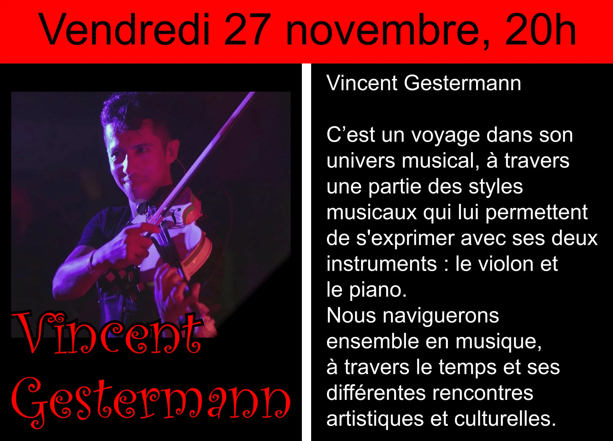 Présentation de Vincent Gestermann, vendredi 27 novembre à 20h